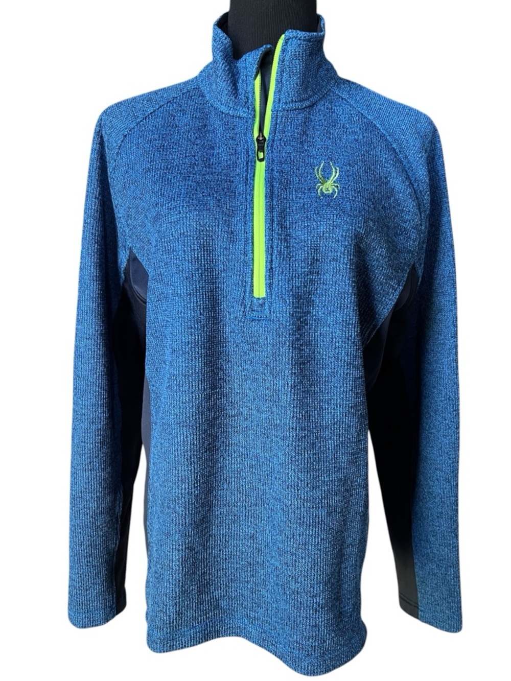 Spyder Quarter Zip Pullover Blue Textured Fleece Jacket Neon Zip Men’s L/G